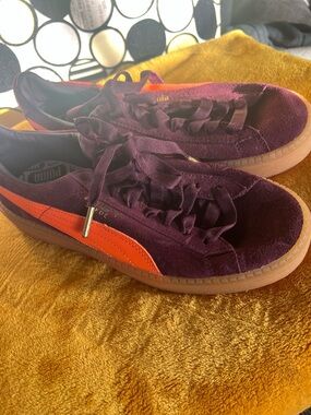 Puma Burgundy Suede Sneaker with Orange Accent